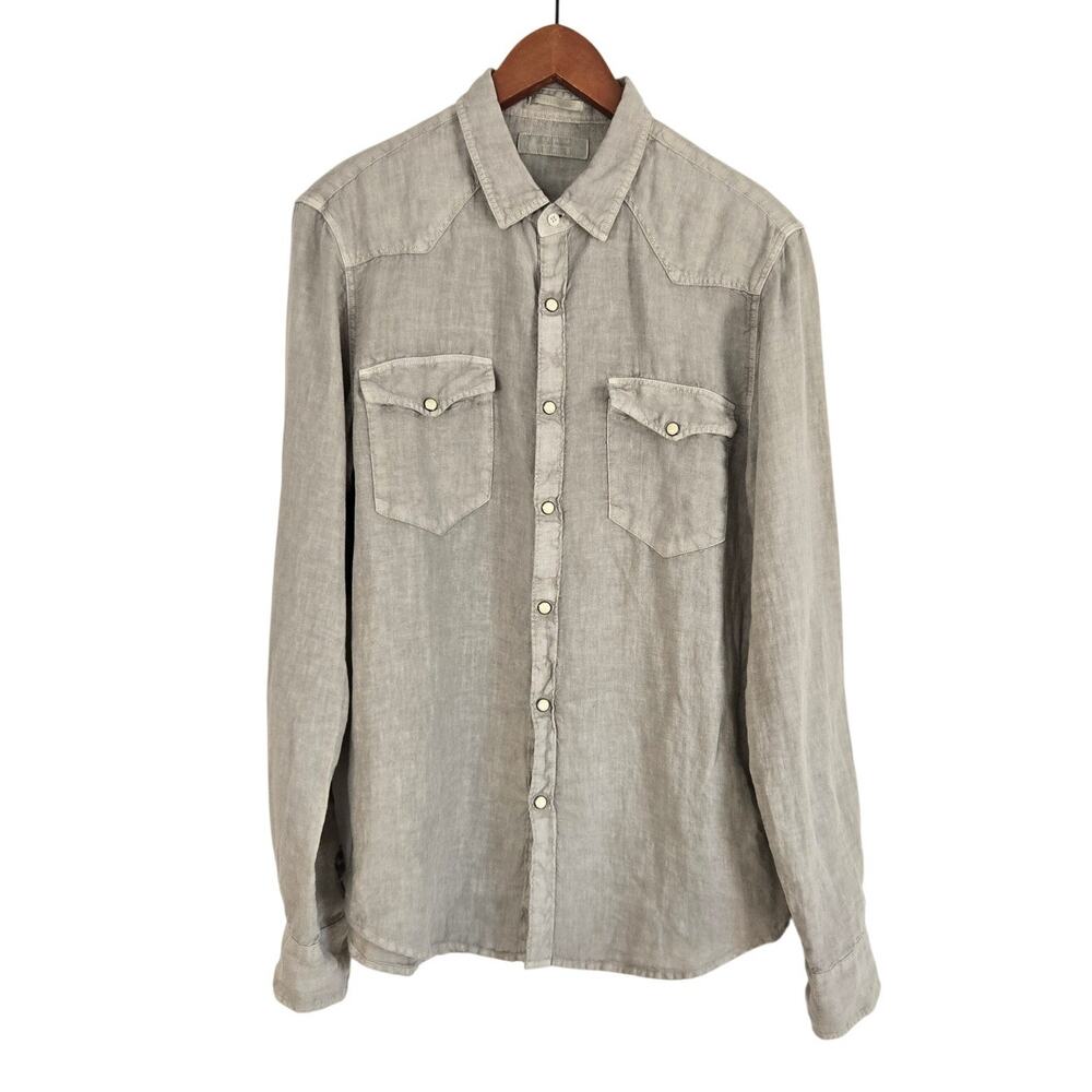 Lucky Brand 100% Linen Pearl Snap Western Urban Cowboy Gray Shirt Size Small